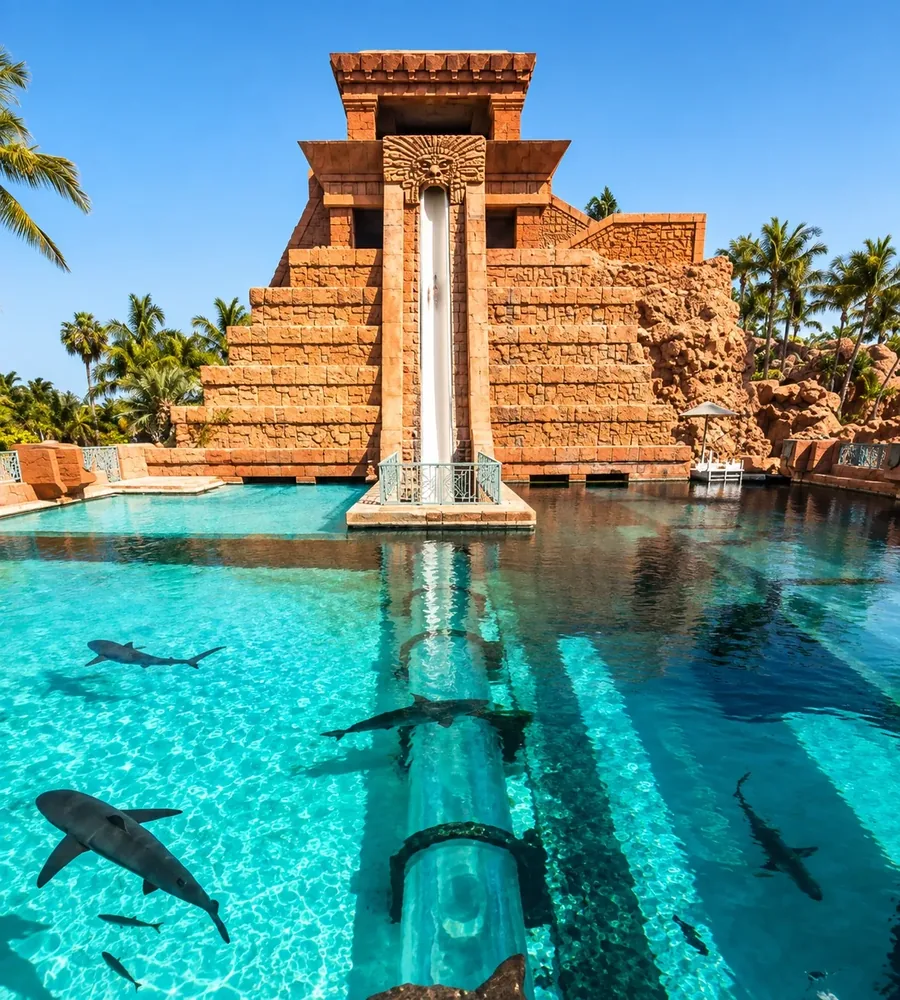 A stepped stone pyramid with a steep water slide down its face, palms behind it and reef sharks swimming over a clear underwater tunnel in the turquoise lagoon in front