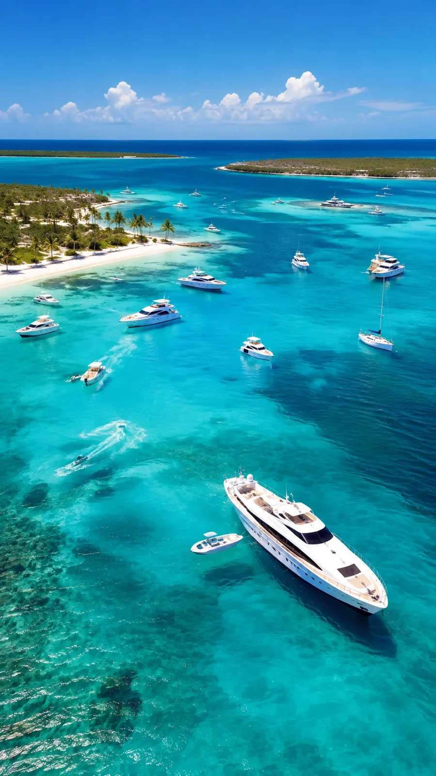 Motor yachts anchored over turquoise Bahamian shallows, a palm lined sand beach and a low green cay behind them
