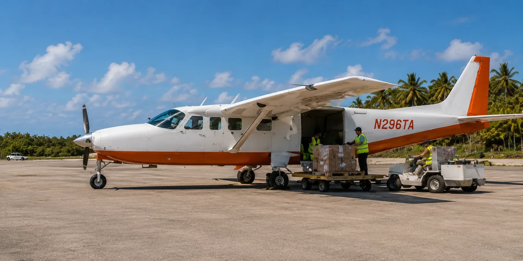 Freight cartons going aboard a single engine small plane parked on an island apron