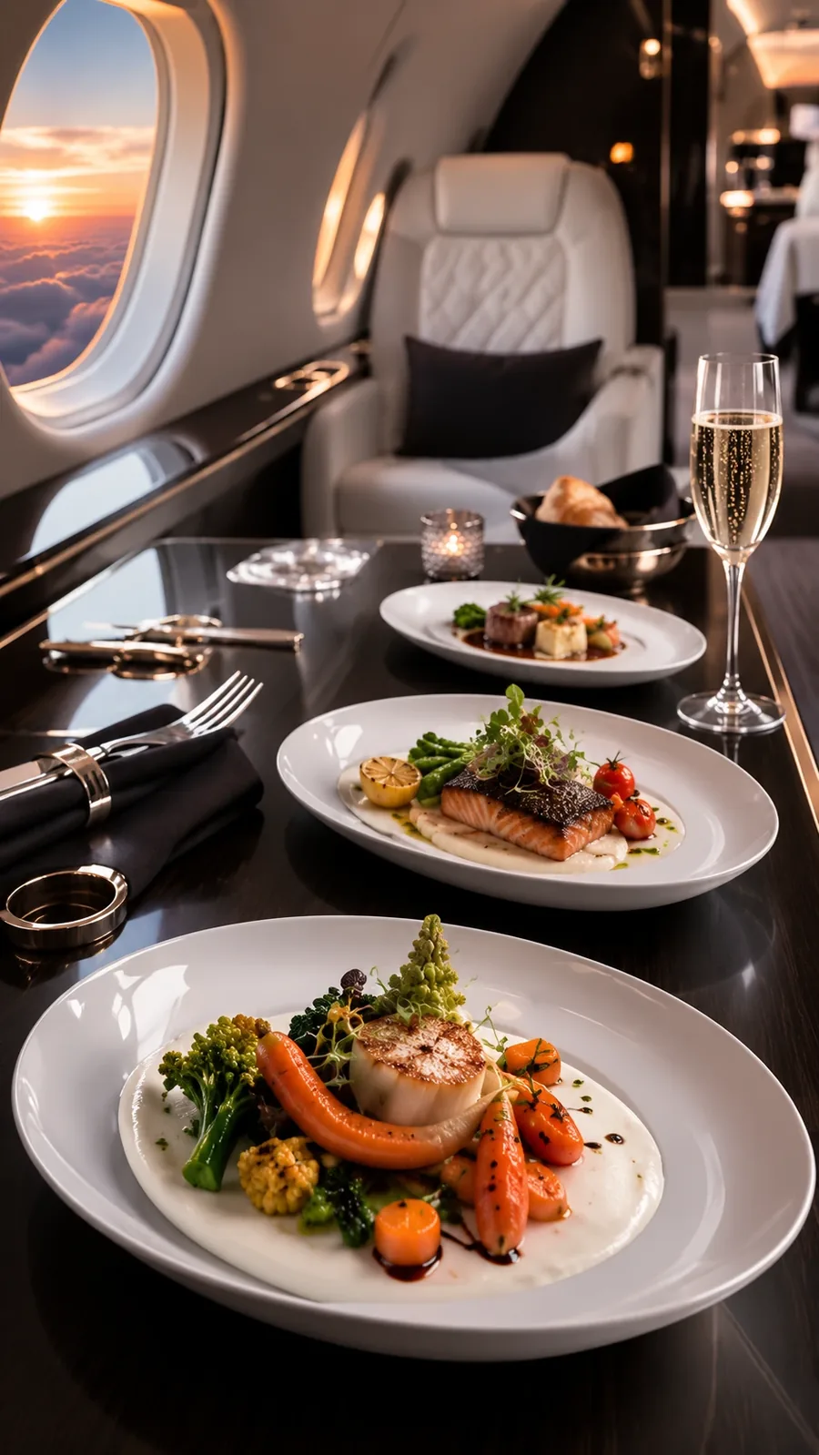 Plated courses and two glasses of champagne on a private jet table, the cabin window lit by a low sun