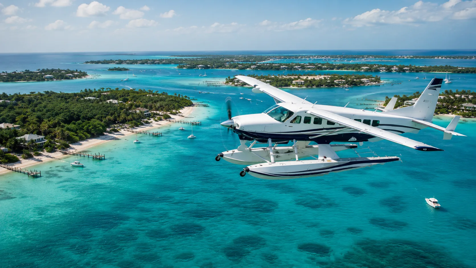 A seaplane on floats crossing shallow turquoise water above a line of timber docks