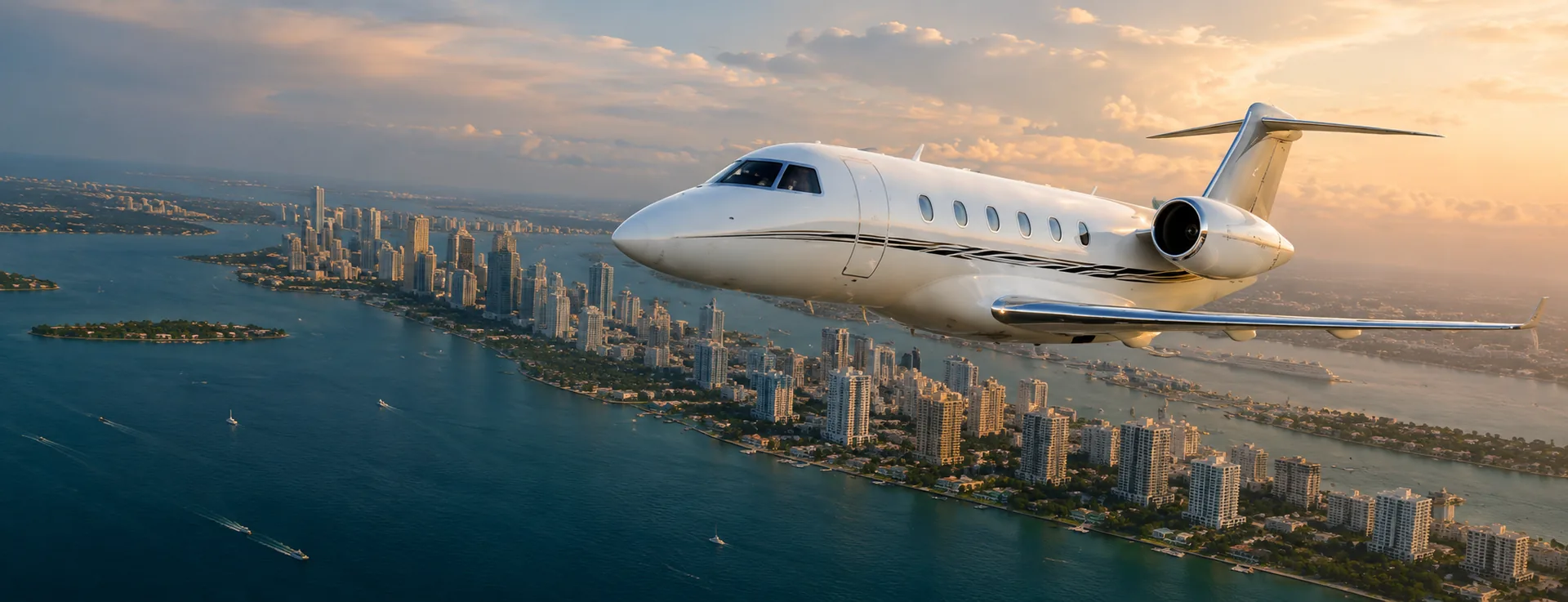 A private jet turning over the Miami coastline at sunset with the downtown towers behind the beach