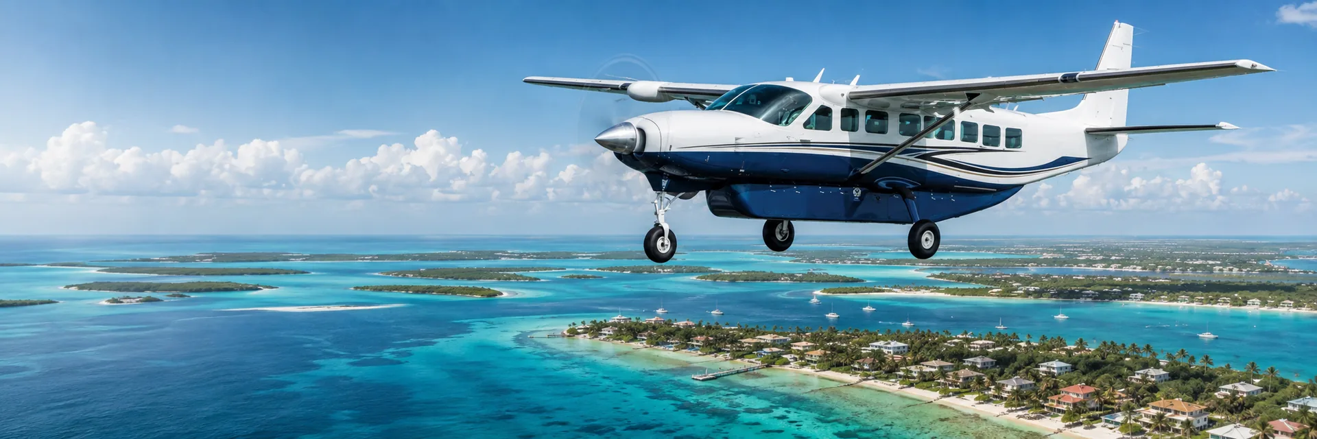 A single engine small plane on wheels flying above a reef and a palm lined island shore