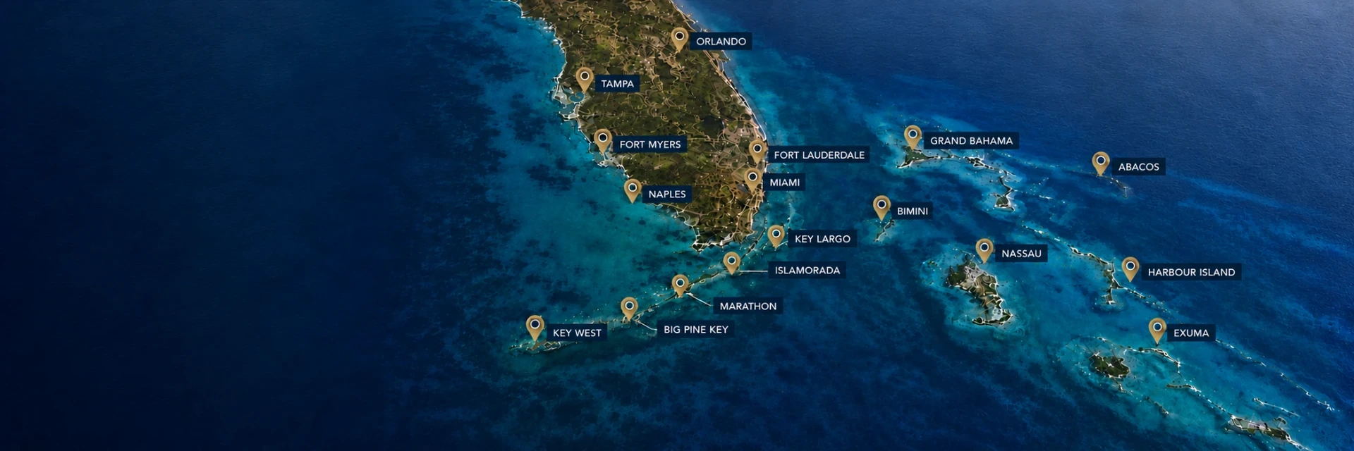 An aerial view of the Florida peninsula, the Florida Keys and the Bahamas from high altitude, with gold map pins marking Orlando, Tampa, Fort Myers, Naples, Fort Lauderdale, Miami, Key Largo, Islamorada, Marathon, Big Pine Key, Key West, Grand Bahama, the Abacos, Bimini, Nassau, Harbour Island and Exuma