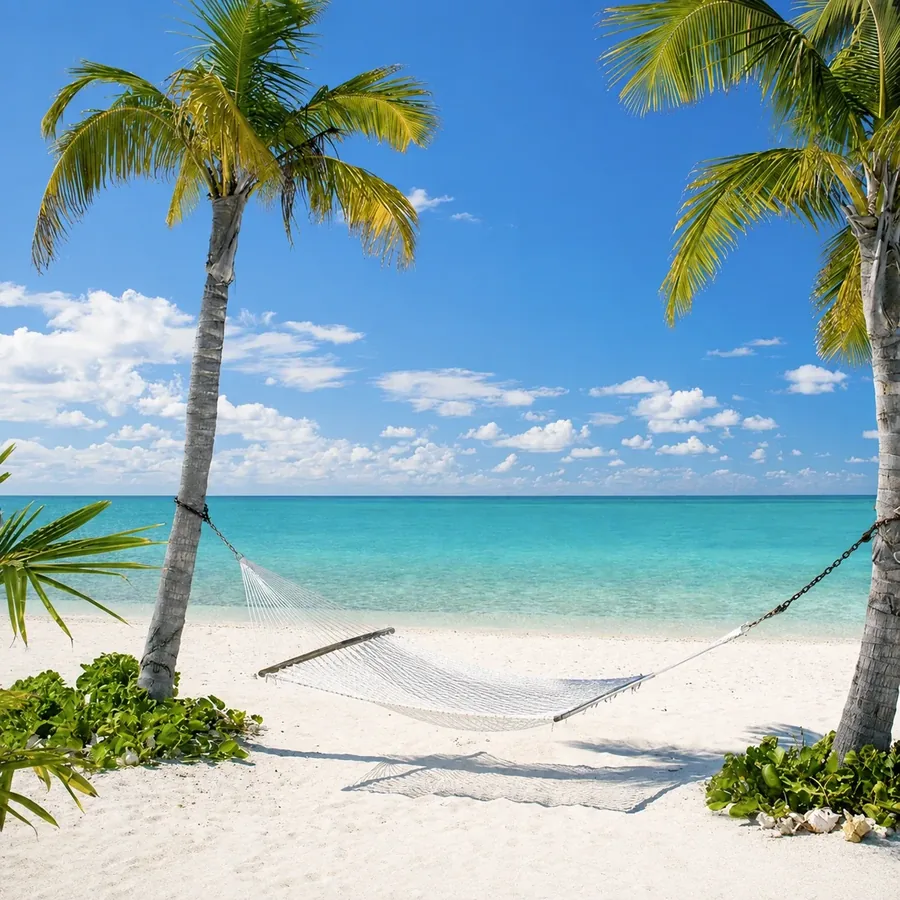 A hammock slung between two palms on white sand, turquoise shallows and the open ocean behind it