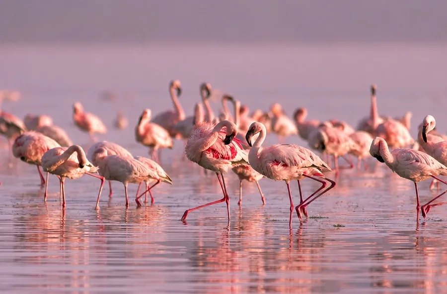 A flock of pink flamingos wading through shallow still water in low dawn light, their reflections standing in the surface beneath them
