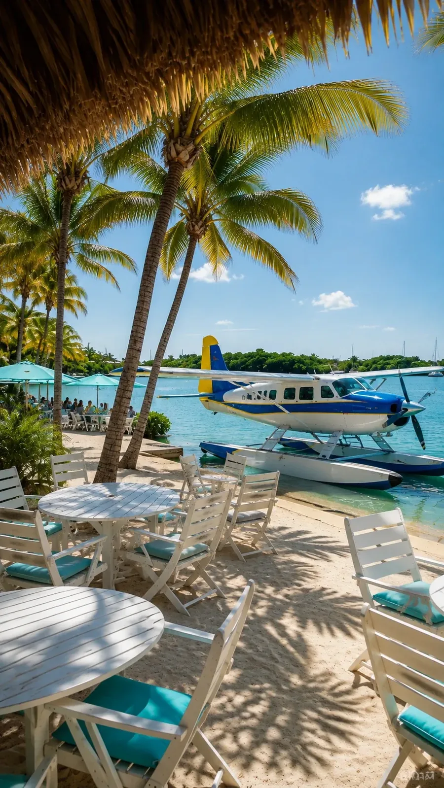Beach club tables under palms with a seaplane on floats moored at the waterline behind