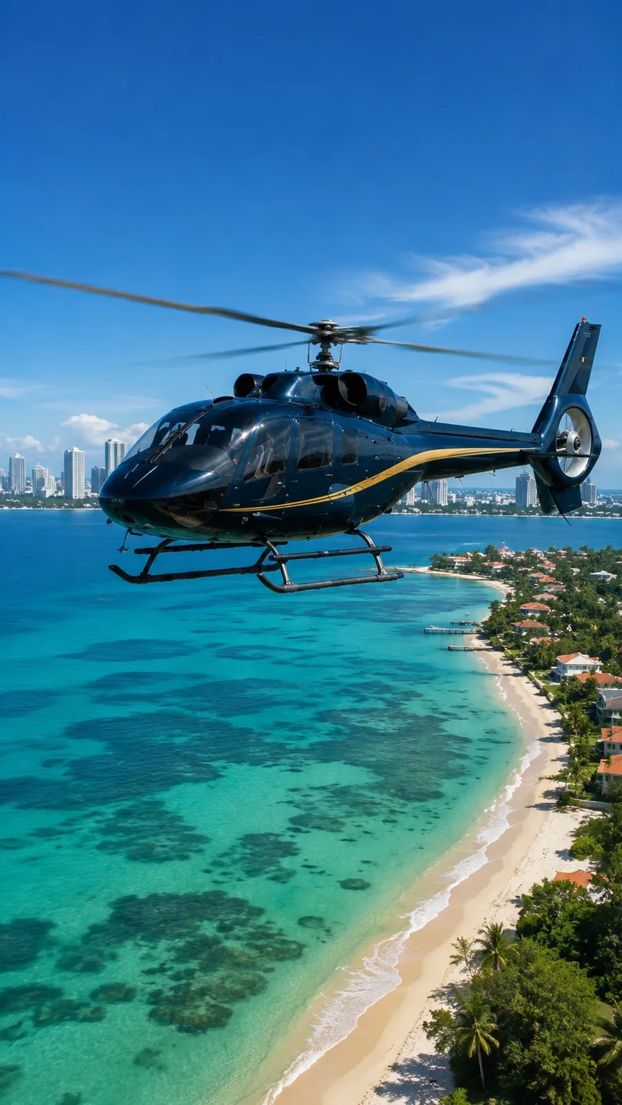 A dark blue helicopter with a gold stripe flying low over turquoise shallows and a reef, a white sand beach and the Miami skyline behind it