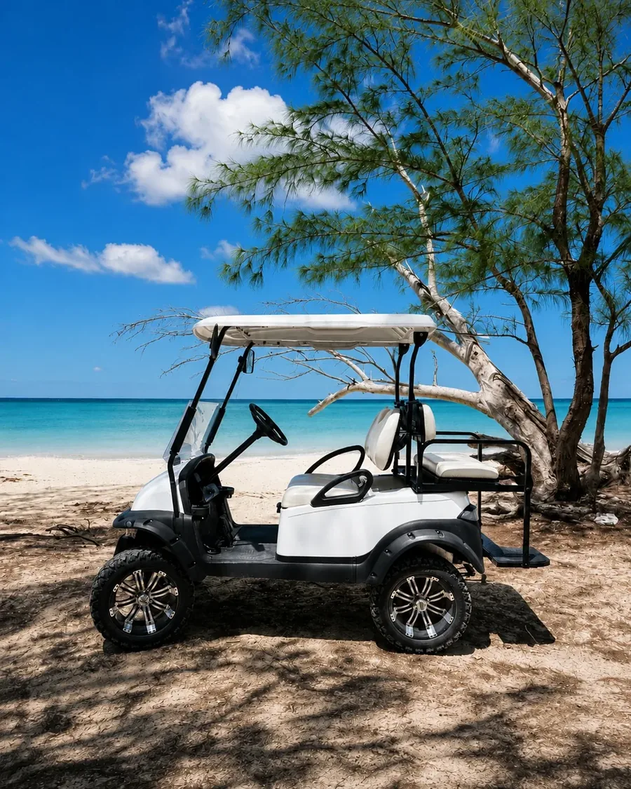 A white golf cart parked on the sand in the shade of casuarina trees, turquoise water and open beach behind it