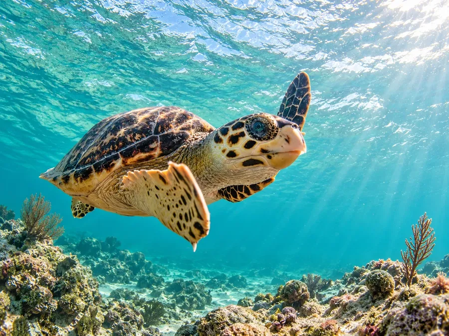 A sea turtle swimming over the reef in clear sunlit water in the Bahamas