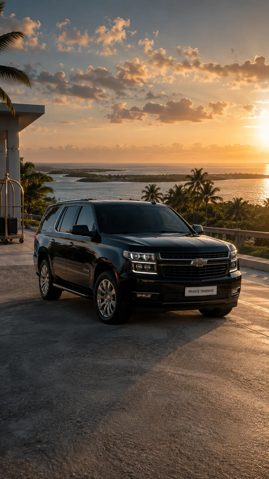 A black SUV standing on a paved drive at sunset, palms and open water behind it