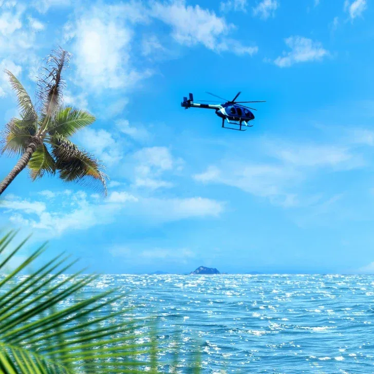 A dark blue helicopter flying over sparkling open water, palm fronds in the foreground and a small island on the horizon