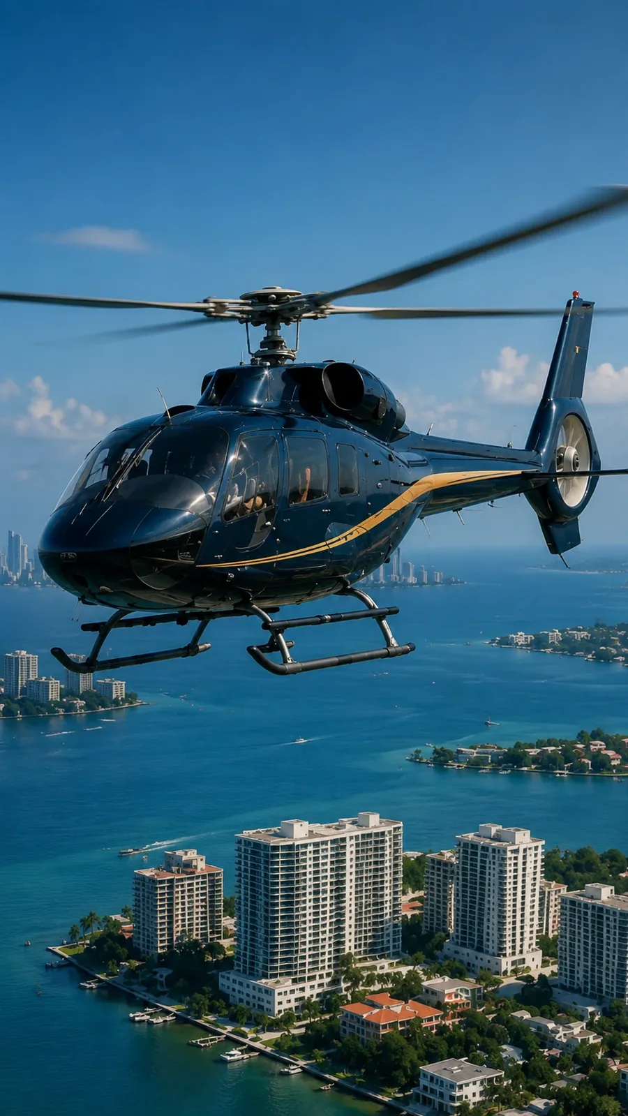 A dark blue and gold helicopter in flight above beachfront high rises and clear green water