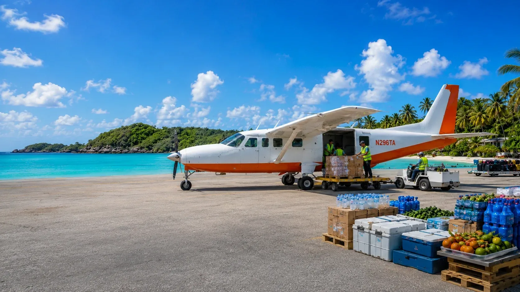 Pallets of bottled water and fresh produce waiting beside a small plane on an island apron