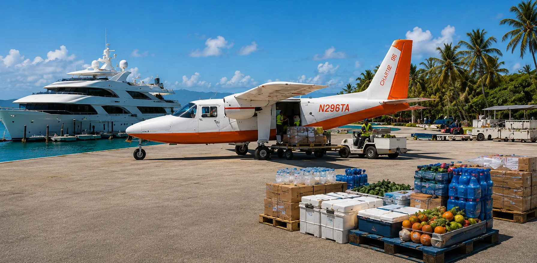 Provisions stacked on pallets beside a twin engine aircraft with a superyacht at the dock behind