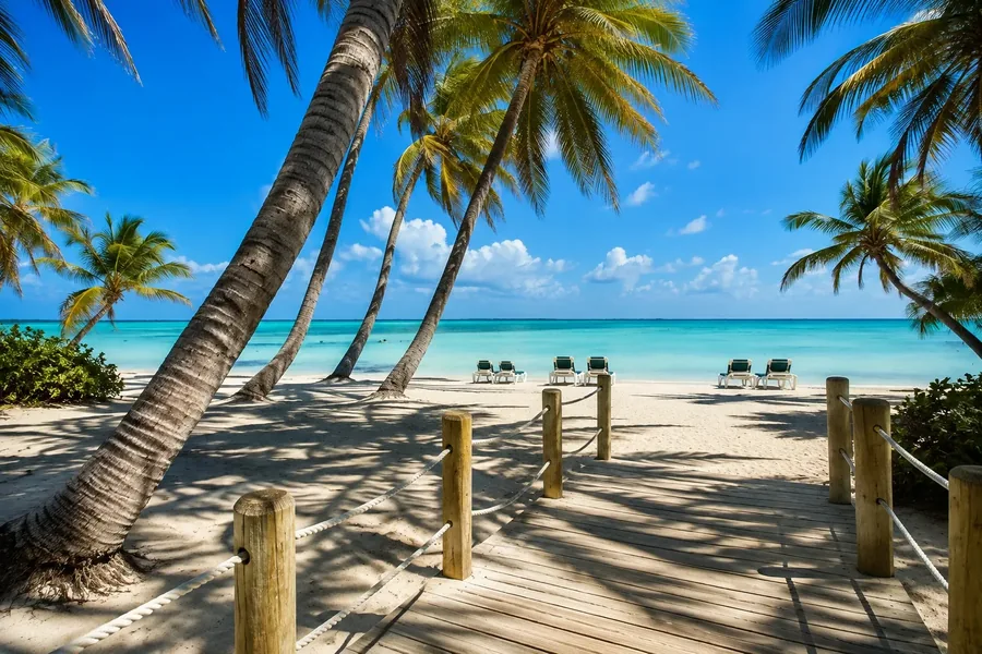 A boardwalk with rope railings running out between leaning palms to white sand and clear turquoise shallows
