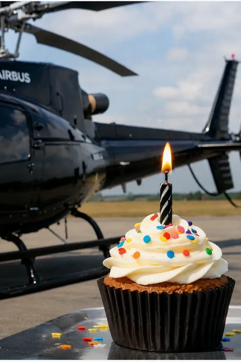 A birthday cupcake with a lit candle on a tray in front of a black helicopter on the apron