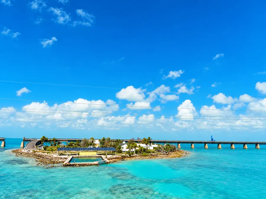 Pigeon Key in turquoise water beneath the old Seven Mile Bridge in the Florida Keys