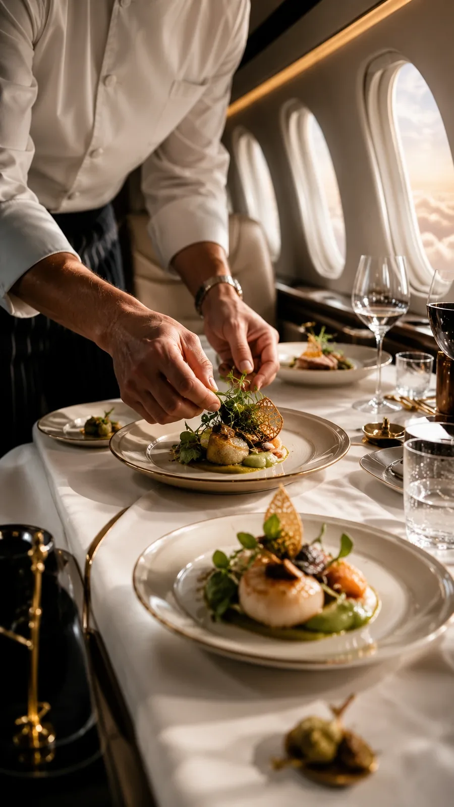 A chef in white finishing plates on a laid table inside an aircraft cabin