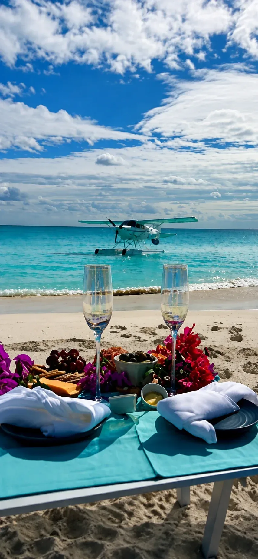 A laid beach table with champagne and fruit and a seaplane moored just off the sand