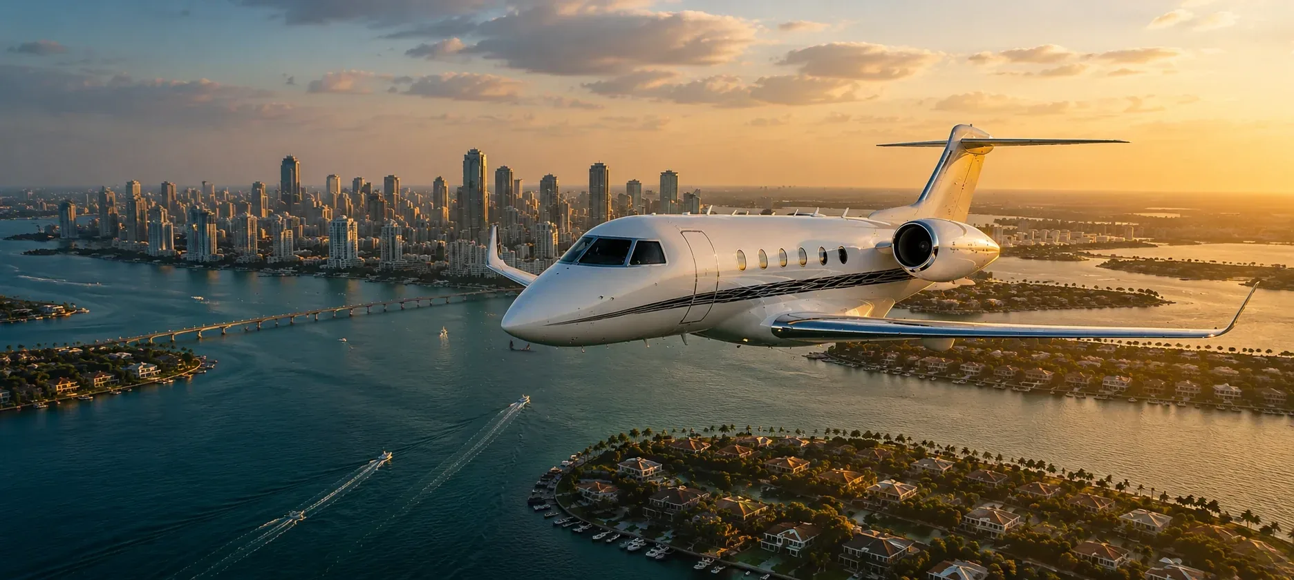 A private jet turning over the Miami coastline at sunset with the downtown towers behind the beach
