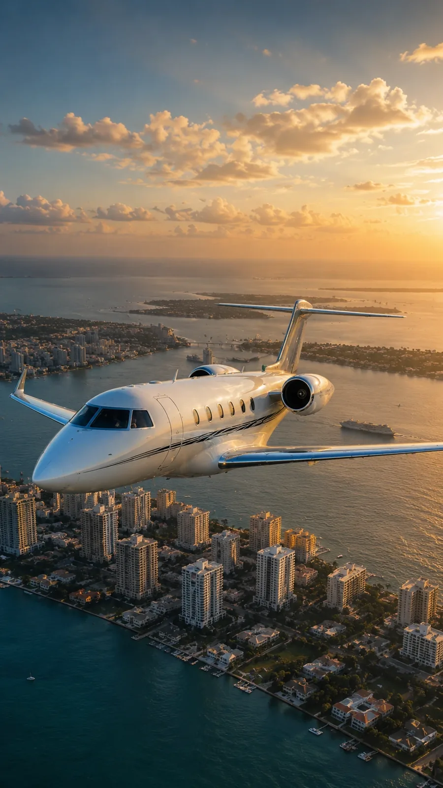 A private jet in flight along the Miami Beach shoreline at sunset