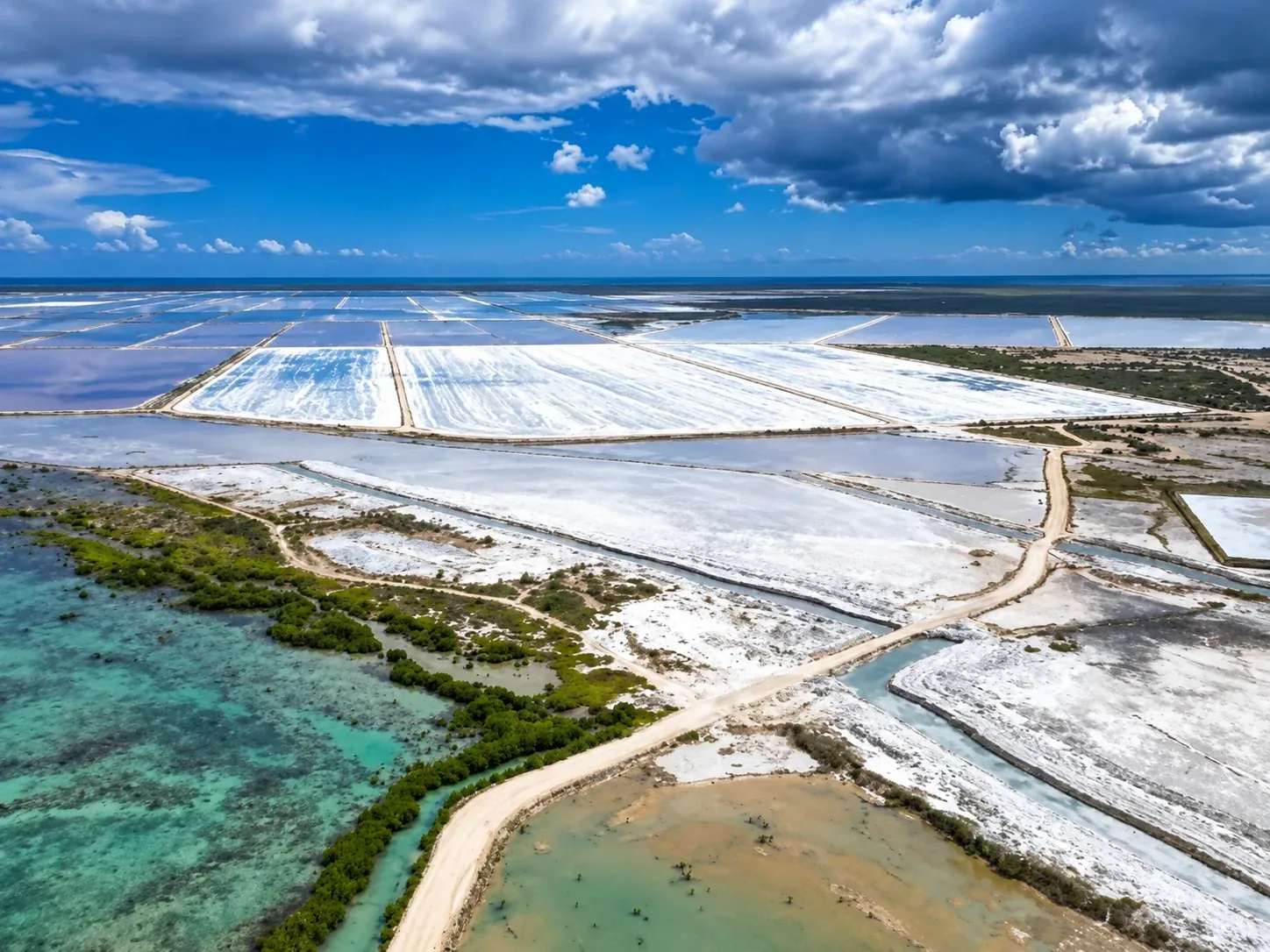 Salt evaporation ponds seen from the air, white and pale pink basins divided by straight causeways, with turquoise shallows and mangroves along the near edge