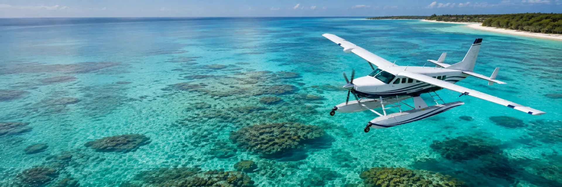 A seaplane on floats flying low over a coral reef with a white sand beach beyond