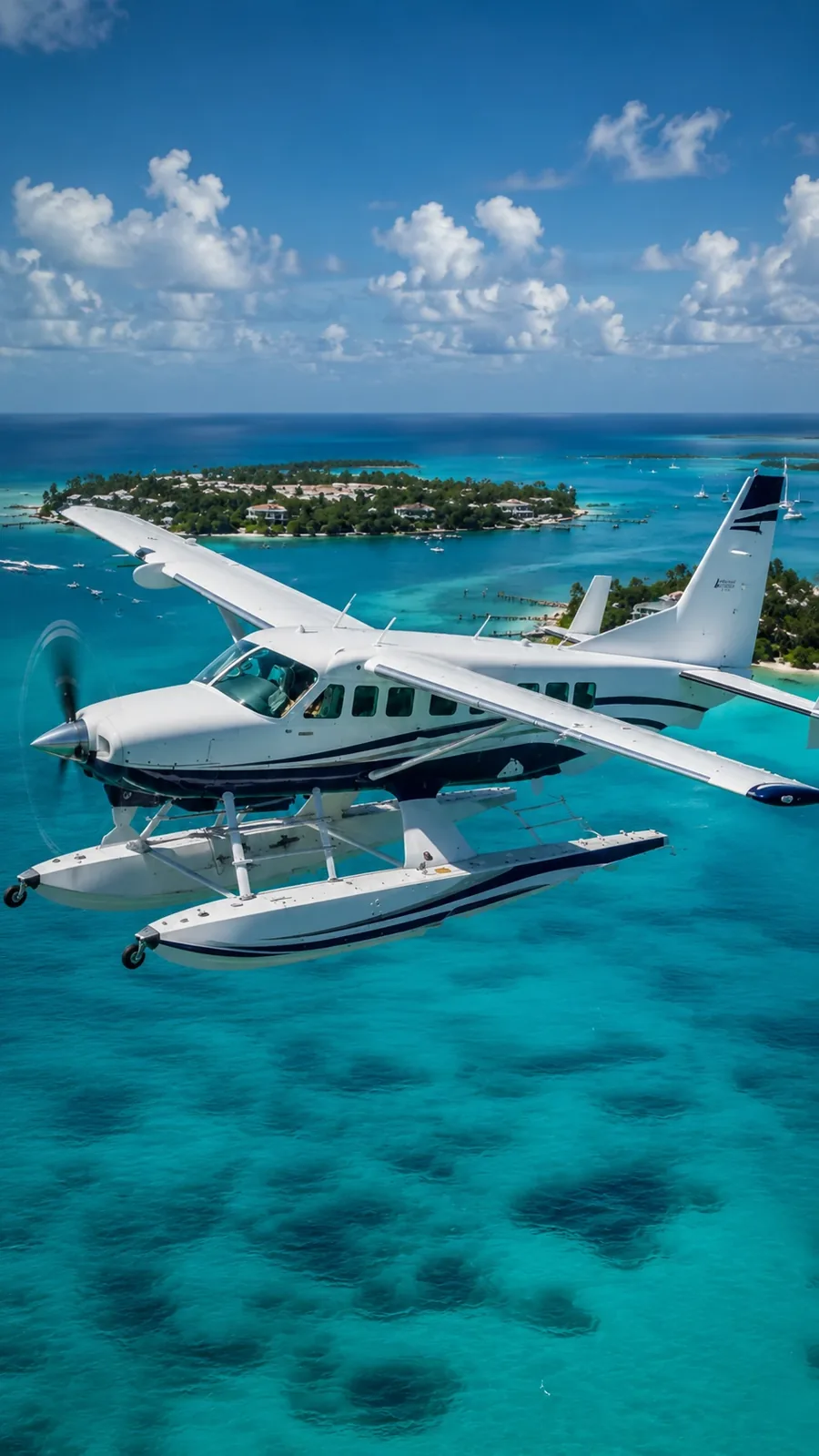 A single engine seaplane on floats flying low over turquoise shallows and a low green cay
