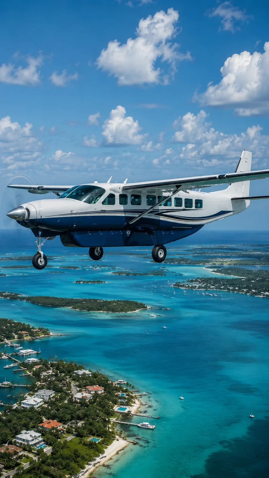 A single engine small plane on wheels in flight over a reef line and a built up stretch of coast