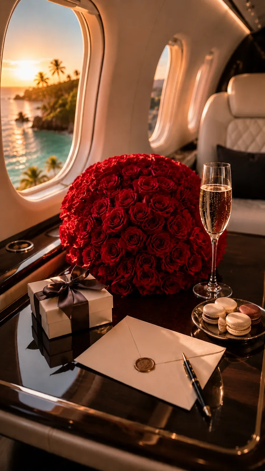 Red roses in a round box, champagne and a wrapped gift on a table beside an aircraft cabin window