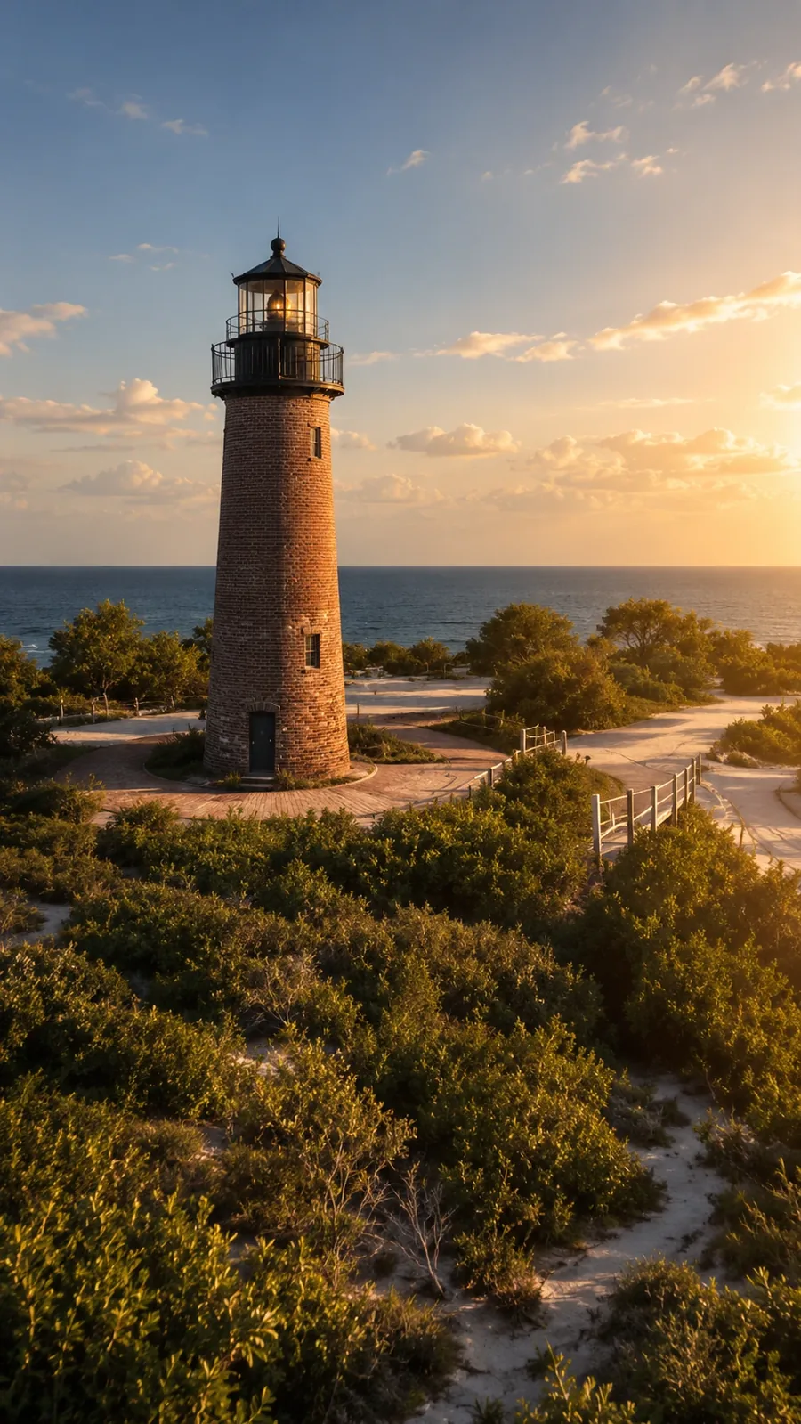 A white lighthouse on a wooded point at sunset with a path running up to it