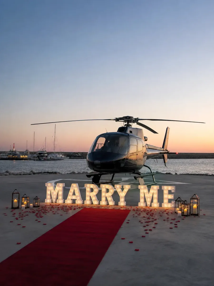 A helicopter on a waterfront helipad at sunset behind lit MARRY ME letters, a red carpet and lanterns