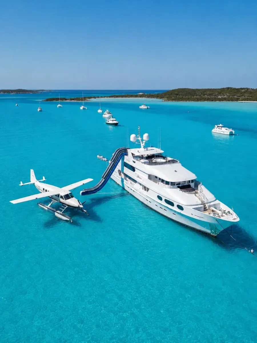 A seaplane on floats alongside a superyacht at anchor with the yacht slide down to the water