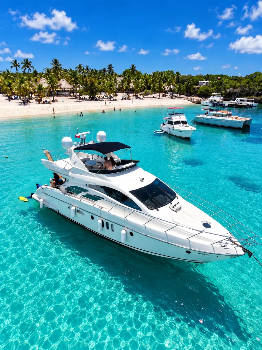 A white motor yacht at anchor in clear turquoise shallows off a palm lined white sand beach, more boats moored beyond it